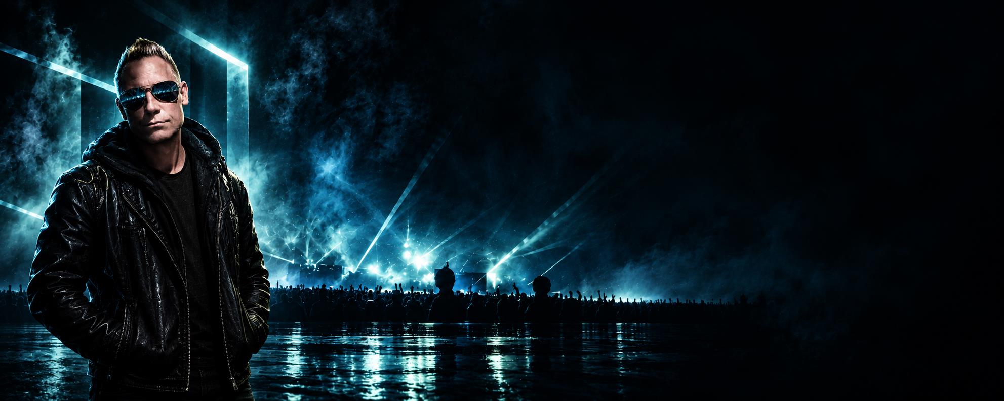 MINDLOOP in a dark jacket against blue festival lights